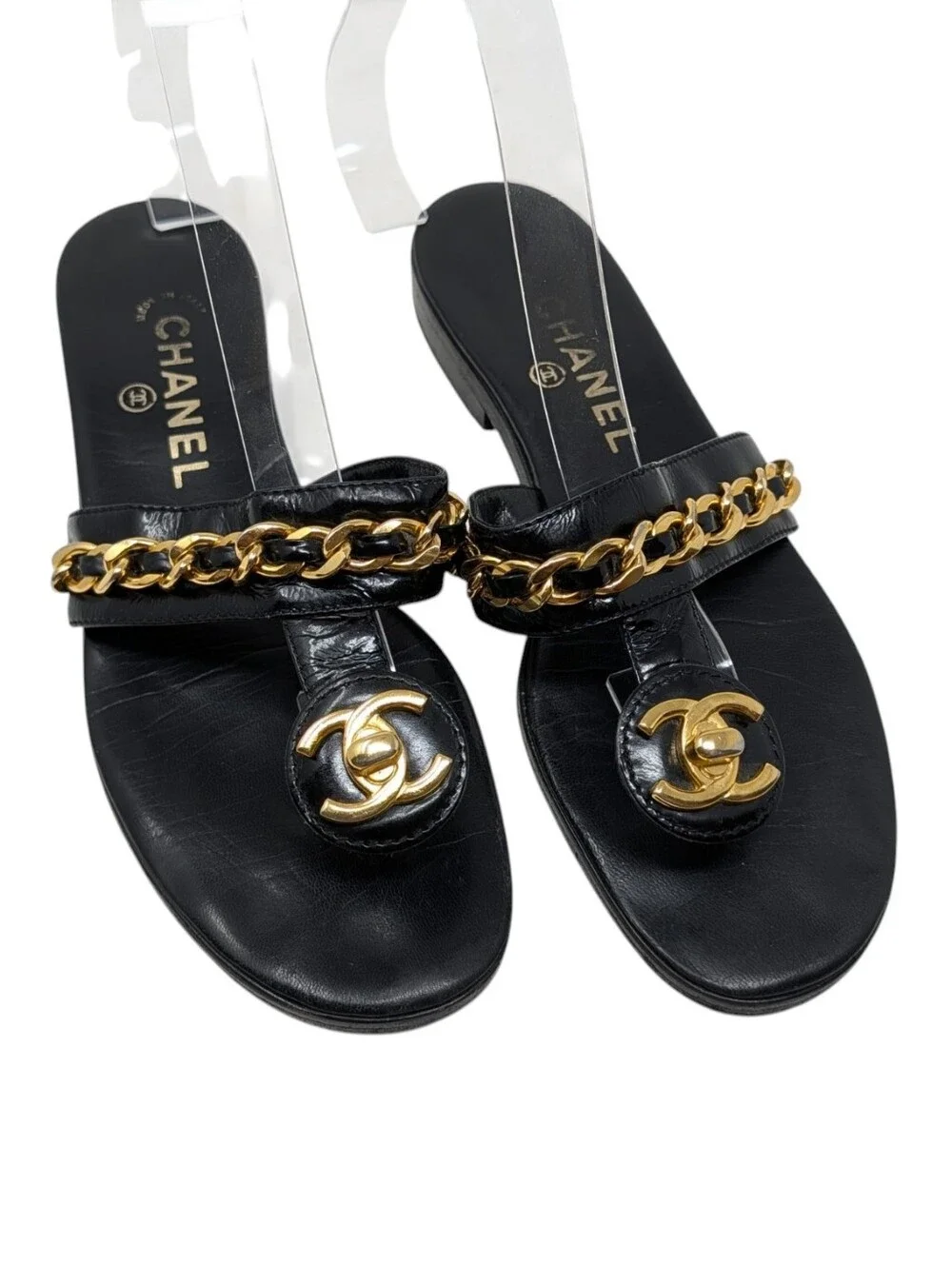 Chanel Black Leather Gold Turnlock Interlocking CC Chain Sandal Size EU 39